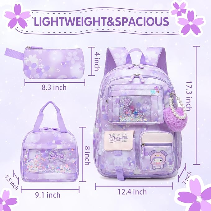 Lovely Girls Backpack School Bag for Students Kids Book Bag with Multiple Pockets Splash-proof Children's Backpack（17inch Set Purple）