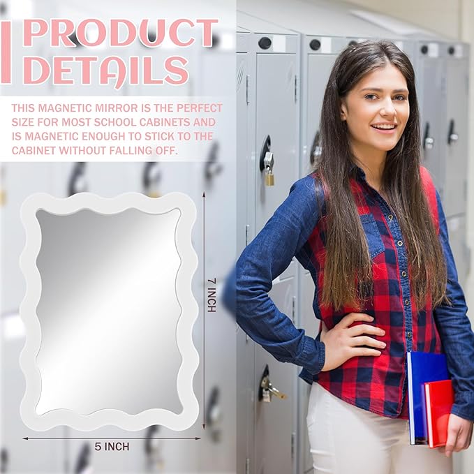 Leinuosen Scalloped Magnetic Locker Mirror 5''x7'' Small Real Glass Makeup Mirror with Magnetic Backing Cute Locker Decorations for Office Cabinet Lockers Accessories(White)