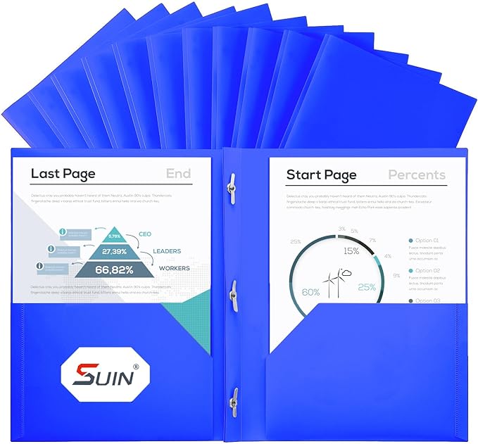 SUIN Plastic Project-Folders with 2 Pockets & 3 Prong, Bulk Pack Project File-Folder for US Letter Size Papers, Ideal for School & Office, Assorted Pastel Colors (Blue)
