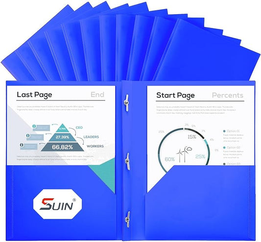SUIN Plastic Project-Folders with 2 Pockets & 3 Prong, Bulk Pack Project File-Folder for US Letter Size Papers, Ideal for School & Office, Assorted Pastel Colors (Blue)