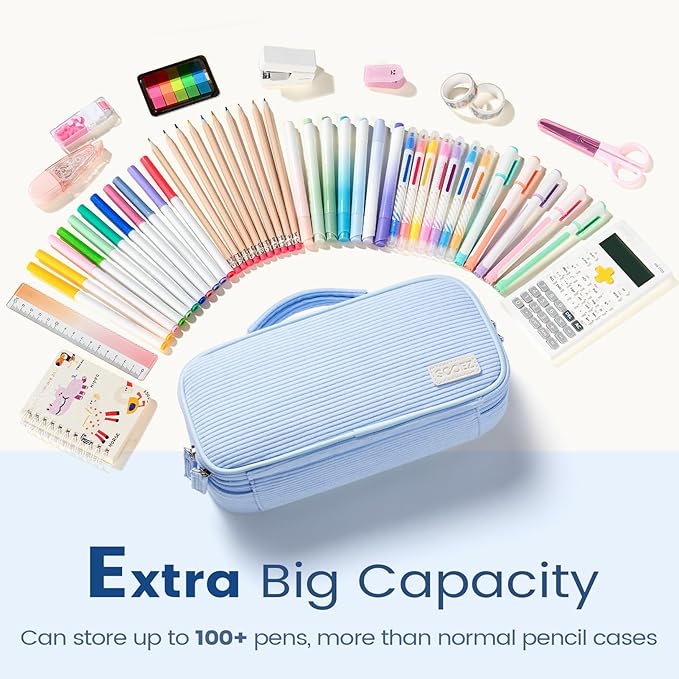 Sooez Large Pencil Case Pouch, Soft Corduroy Pencil Bag with Handle, Cute Pen Case, 5 Compartments, Wide Opening Pen Pouch Organizer with Zipper, Aesthetic School Supplies for Girls Women, Beige