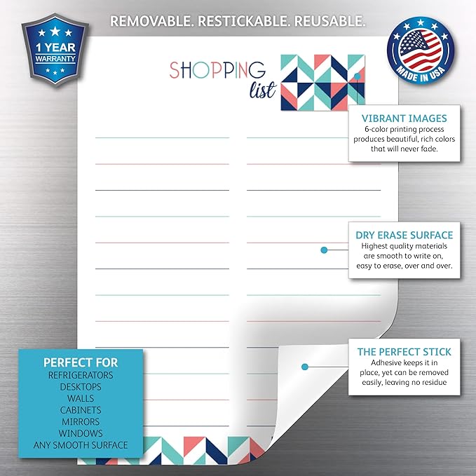 Dry Erase Shopping List Vinyl Sticker Decal Whiteboard by Glassboard Studio | Removable & Reusable | Magnetic Fine-Tip Marker Included (9 x 12 inches, Geometric)