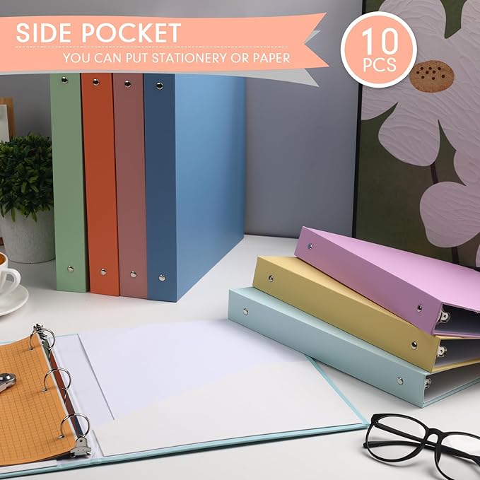 Ctosree 10 Pack Colored 3 Ring Binder with 2 Pockets Hardcover Loose Leaf Binder for Women Men Teacher Student School Office Home Supplies, Fits 11 x 8.5 Size Paper, 10 Colors(1",Bright Color)