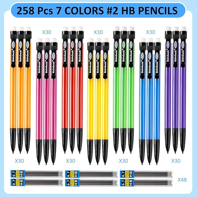Mechanical Pencils, 0.7mm Medium Point, HB #2 Lead, 210 Pack Bulk Mechanical Pencils and 48 Tubes Refills, Assorted Colored Barrels, Office School Supplies