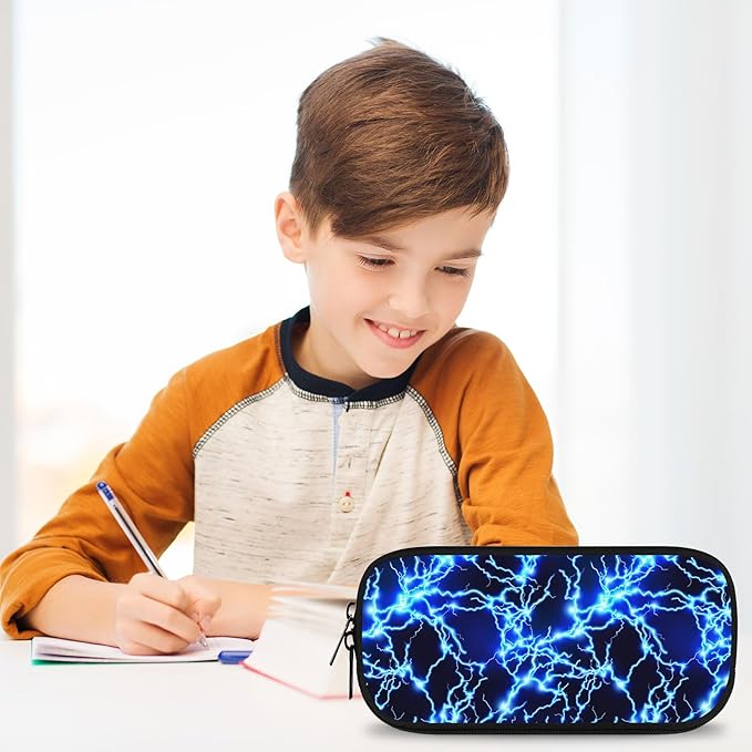 Lightning Large Pencil Case Big Capacity Blue Pencil Pouch for Boys Girls Teen Women Men Adult, Portable Kids Pencil Bag with Zipper, Stationery Storage Pen Bag for School Supplies Office Organizer