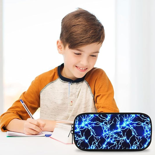 Lightning Large Pencil Case Big Capacity Blue Pencil Pouch for Boys Girls Teen Women Men Adult, Portable Kids Pencil Bag with Zipper, Stationery Storage Pen Bag for School Supplies Office Organizer