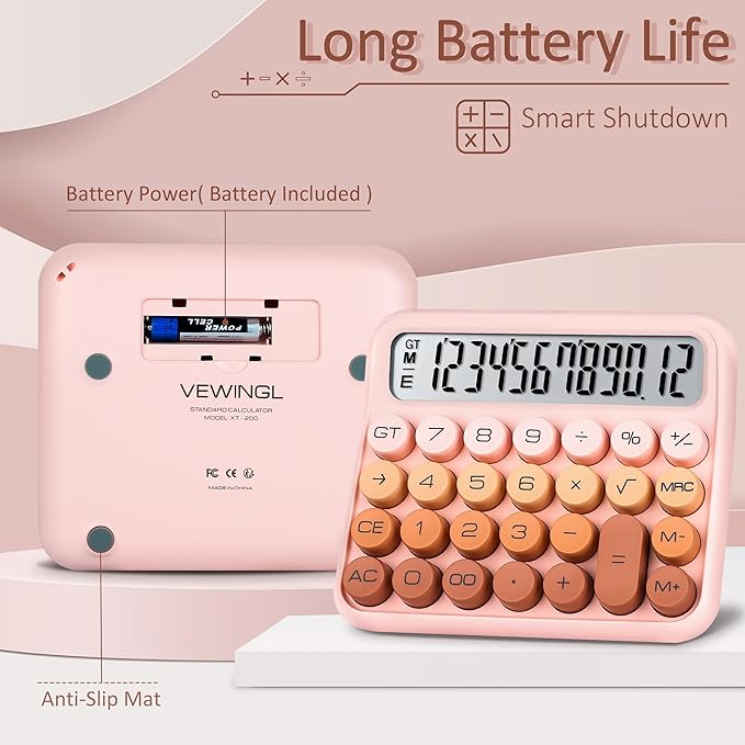 VEWINGL Mechanical Switch Calculator, 12 Digit Large LCD Display and Buttons, Great for Everyday Life and Basic Office Work, with Battery