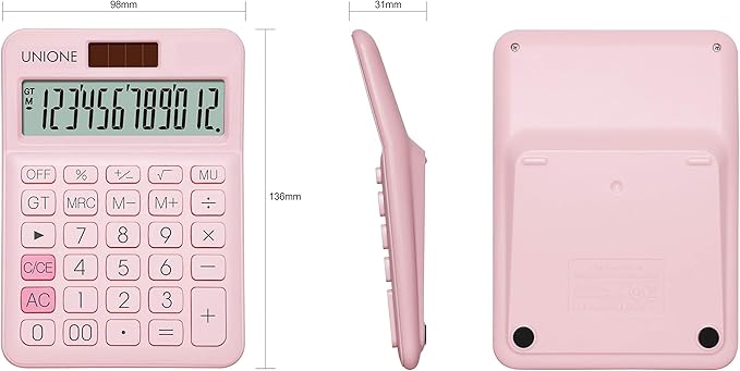 UNIONE Pink Calculator with a Bright LCD, Dual Power Handheld Desktop. Business, Office, High School