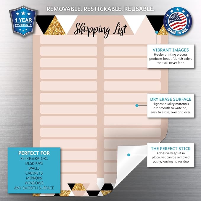 Dry Erase Shopping List Vinyl Sticker Decal Whiteboard by Glassboard Studio | Removable & Reusable | Magnetic Fine-Tip Marker Included (9 x 12 inches, Rose & Gold)
