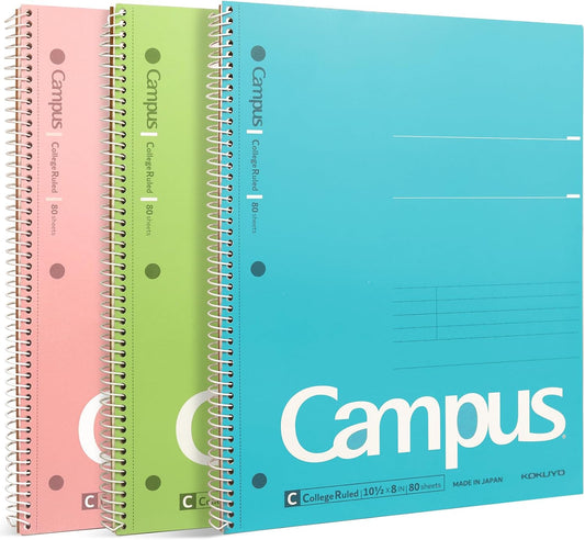 KOKUYO Spiral Notebook, 3 Pack Campus 10-1/2" x 8" Subject Notebooks with College Ruled, 80 Sheets, Pink Blue Green 3 Holes School Spiral Journal for Work Study Note Taking (WSG-SU-400G1×3)