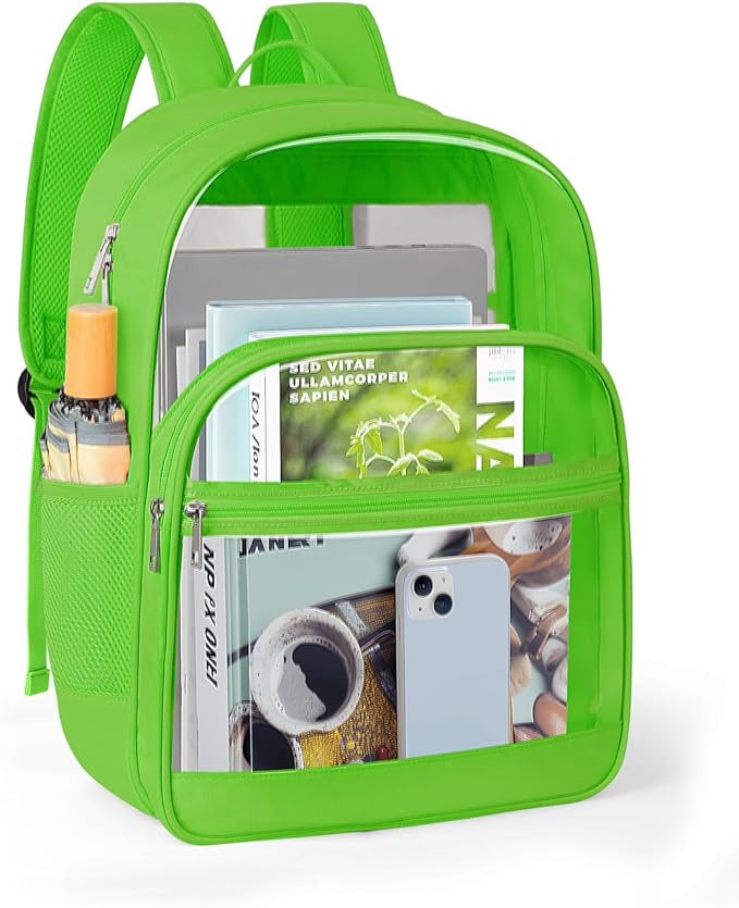 Clear Backpack, Heavy Duty Transparent Bookbag for School, Fabric & PVC Transparent Backpack with Reinforced Strap for Women Men, Capacity Clear Bag for College, Travel, Security, Green