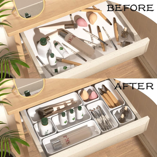 CHANCETSUI 6 PCS Stackable Drawer Organizers Set, Versatile Desk and Vanity Drawer Organizer Trays, Storage Bins for Makeup, Bathroom, Bedroom, Kitchen and Office, White