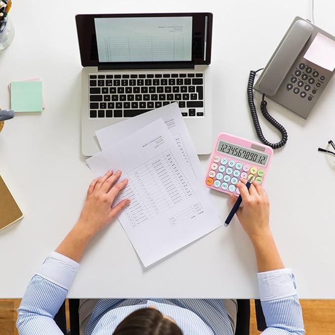 Pink Calculator, Standard Calculator 12 Digit with Large LCD Display and Big Buttons,Pink Office Accessories for Women Desk,Cute Calculator for Office,School, Home,Business(Colorful Pink)