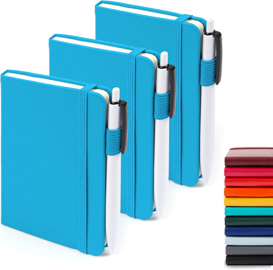 feela 3 Pack Pocket Notebook Journals, Mini Cute Small Journal Notebook Bulk Hardcover College Ruled Notepad with Pen Holder for Office School Supplies, with 3 Black Pens, 3.5”x 5.5”, A6, Teal