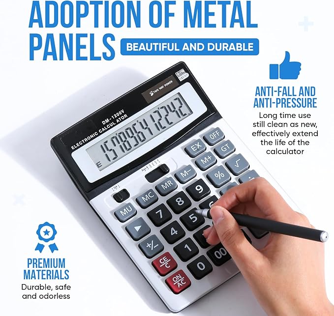 Desktop Calculator with Extra Large LCD Display - 12-Digit, Big Buttons, Dual Solar and Battery Power for Office, Financial, School and Home Use (Holifeos)