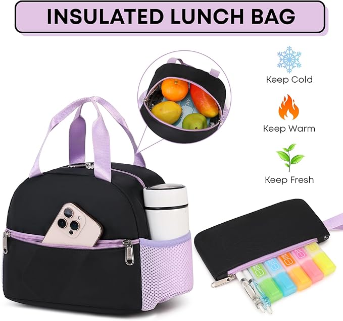 3PCS School Backpack For Student Women College Middle High Teen Girls Bookbag Waterproof Laptop Bag Black Purple