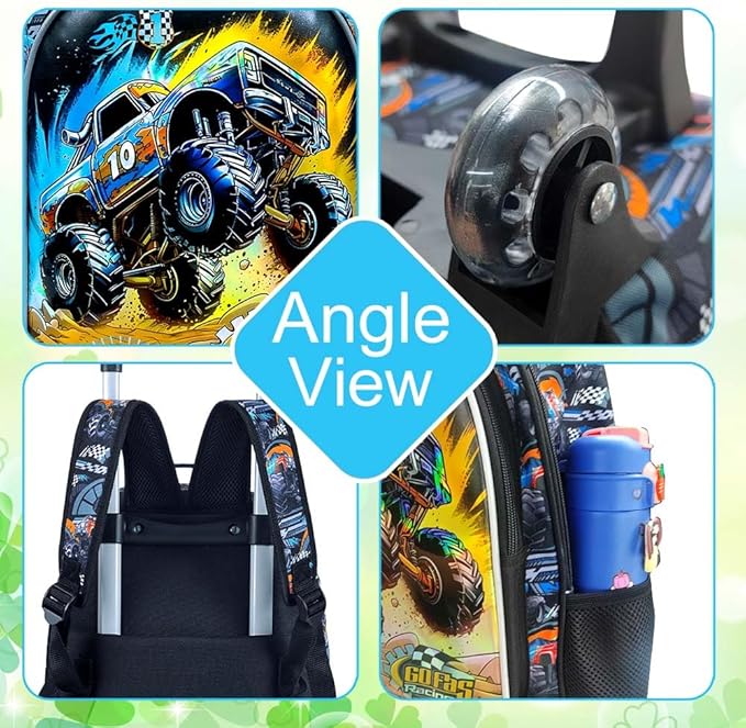 3Pcs Truck Rolling Backpack for Boys, Kids School Backpacks with Wheels, Roller Bookbag with Lunch Box for Elementary Preschool(Black)