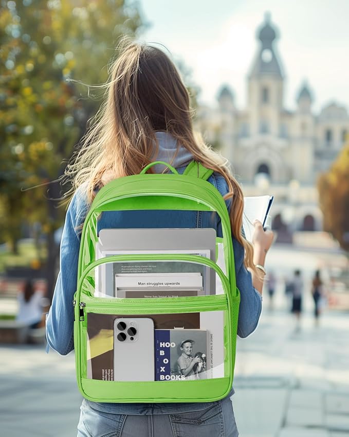 Clear Backpack, Heavy Duty Transparent Bookbag for School, Fabric & PVC Transparent Backpack with Reinforced Strap for Women Men, Capacity Clear Bag for College, Travel, Security, Green