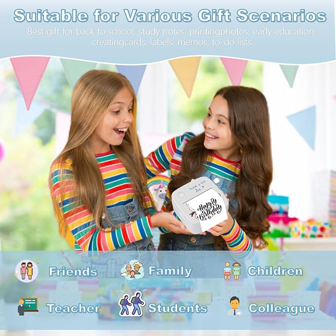 Mini Sticker Printer, Portable Thermal Inkless Sticker Maker with 8 Rolls Coloed Paper & 12 Pens, Wireless Thermarote Printers for Travel, Photos,Study Notes, Scrapbook, Journal, Memo (Blue)