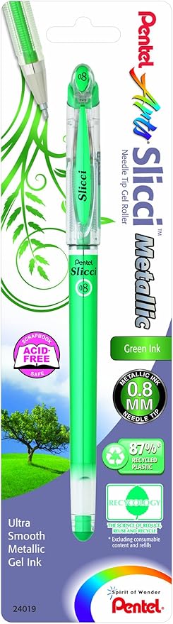 Pentel Arts Slicci Metallic 0.8 mm Needle Tip Gel Pen, Metallic Green Ink, 1 Pack (BG208BPMD)