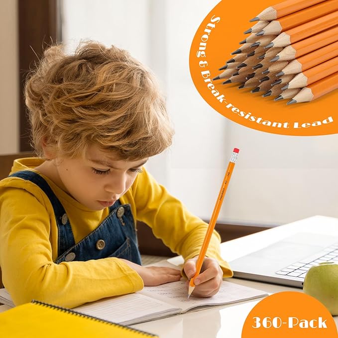 Back to School Supplies, 360-Pack Sharpened #2 Yellow Pencils with Erasers, Bulk Pack Graphite Pencils for School Classroom Teacher Supplies, Writing, Drawing and Sketching