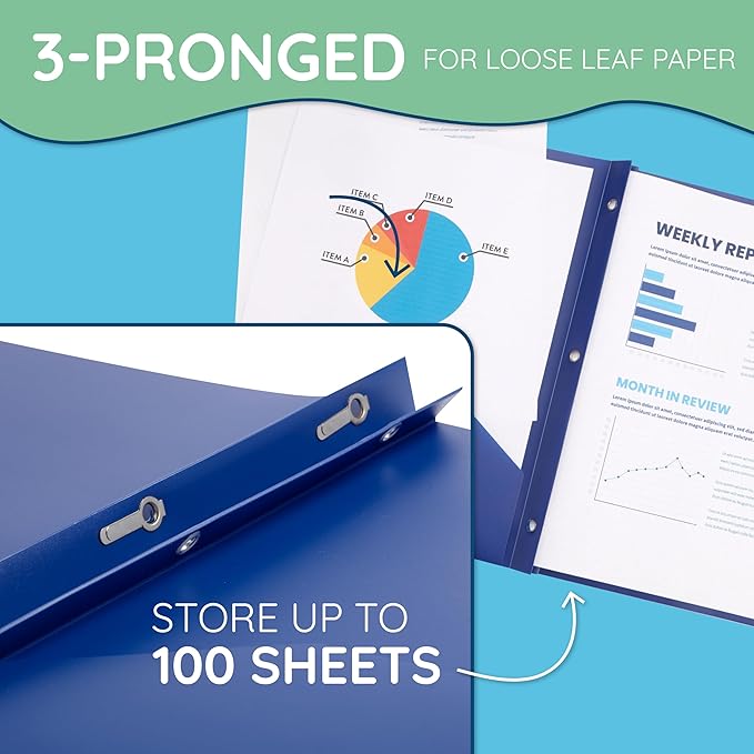 Blue Summit Supplies 30 Pack Plastic Two Pocket Plastic Folders with Prongs Bulk, Assorted Dark Color Poly Folders with Pockets and Prongs Bulk, Blue, Red, and Black, 3 Prong, Letter Size