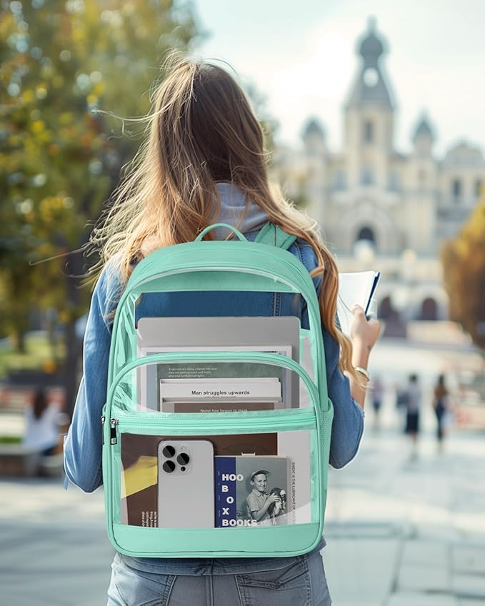 Clear Backpack, Heavy Duty Transparent Bookbag for School, Fabric & PVC Transparent Backpack with Reinforced Strap for Women Men, Capacity Clear Bag for College, Turquoise