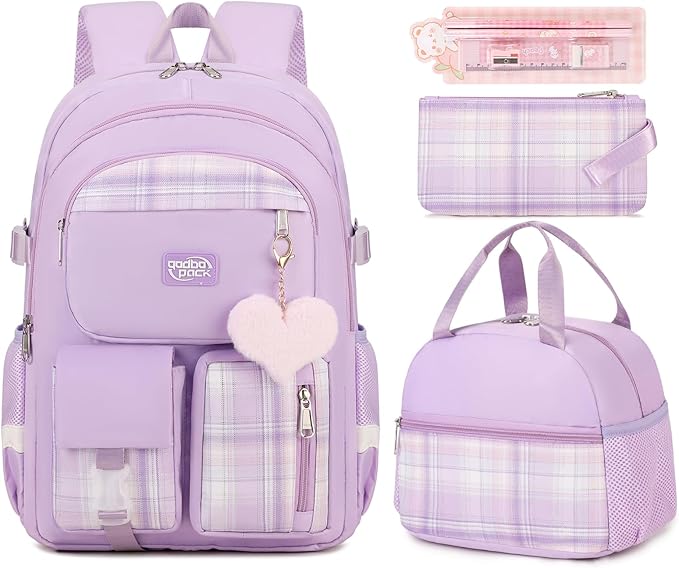 3PCS Backpack For School Women College Middle High Teen Girls Student Bookbag Waterproof Laptop Bag Plaid Purple