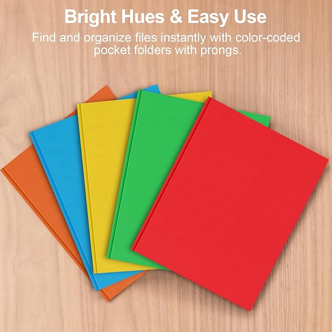 HABGP 50 Pack Two Pocket Folder with Prongs, Paper Folders with Pockets and Business Card Holder, Folders with Pocket Fit Letter Size, Organizing Papers in School, Office & Business 5 Color 10 Set