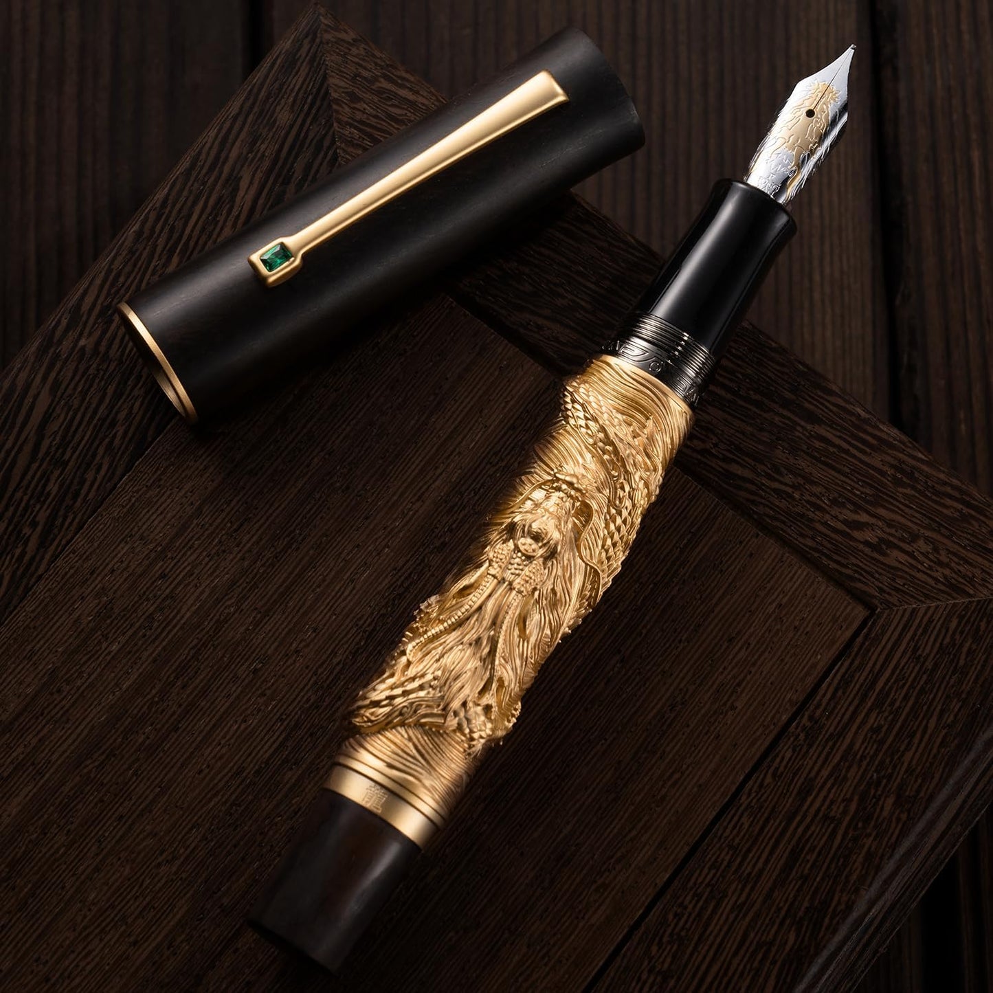Hongdian N24 Fountain Pen Fine Nib, Golden Dragon Stereoscopic Carving with Red Wood Design
