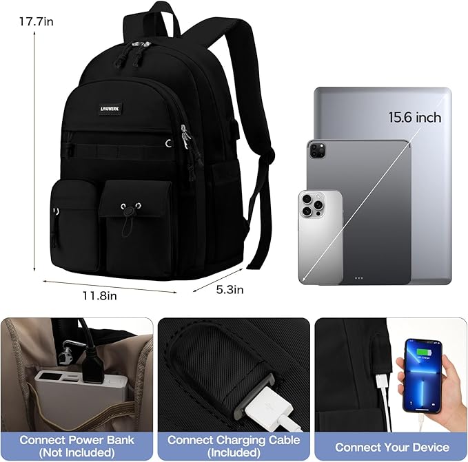 School Laptop Backpack for Girls Boys: Casual Middle High School Backpacks 15.6 Inch College Bookbag with USB Charging Port Waterproof Travel Back Pack Cute Work Book Bag for Teens Students Women Men