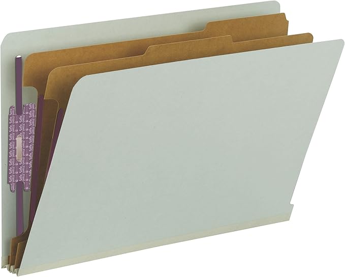 Smead 100% Recycled End Tab Pressboard Classification File Folder with SafeSHIELD Fasteners, 2 Dividers, 2" Expansion, Legal Size, Gray/Green, 10 per Box (29810)