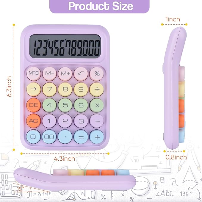 Mechanical Pushbutton Calculator,12 Digit Large LCD Display,Big Buttons Easy to Press,Colorful Candy Calculator,Automatic Sleep,with Battery.for Office,School, Home. (Purple)