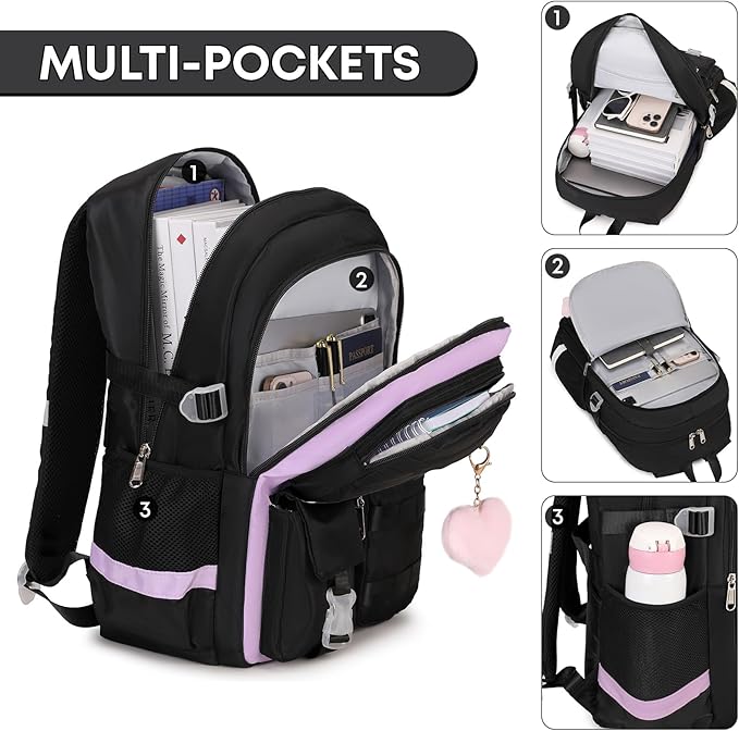 3PCS Girls Backpack For College Middle High School Student Teens Women Bookbag Waterproof Laptop Bag Black Purple