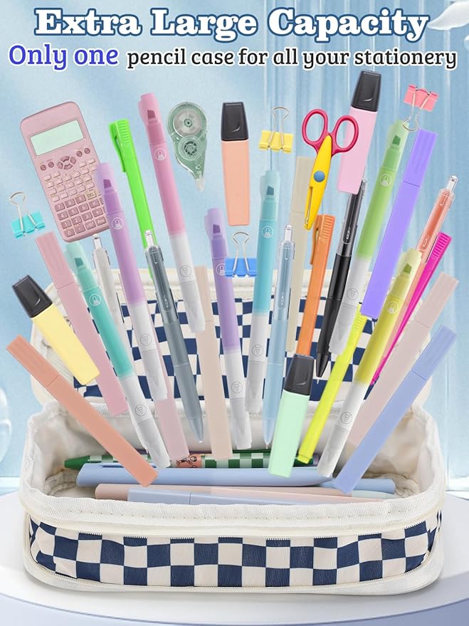 Large Capacity Pencil Case for Teens Girls - Cute Checkerboard Pencil Pouch with Zipper, Stationery Bag Box for Student Back to School Gifts, Blue