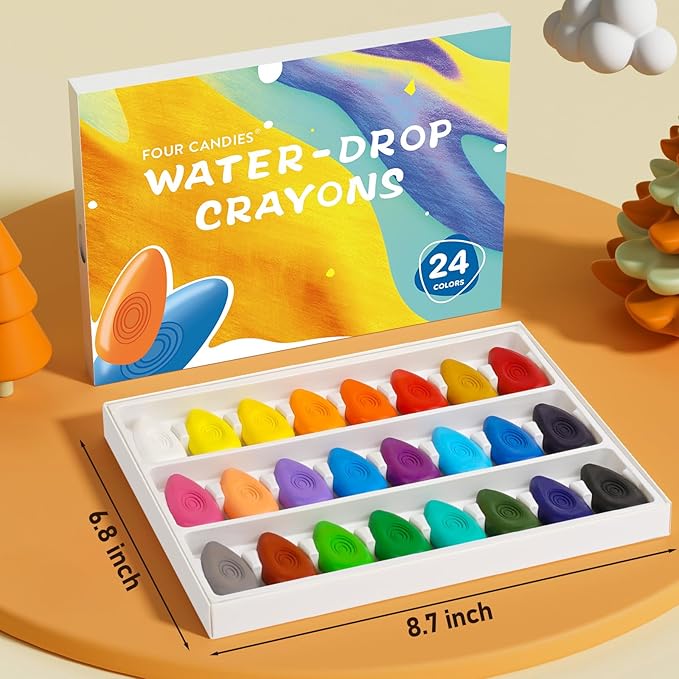 Four Candies Toddler Crayons 24 Count, Non Toxic Washable Crayons for Toddlers 1-3, Unbreakable Easy-Grip Water-Drop Shape for Little Hands, Toddler Coloring Art Gift