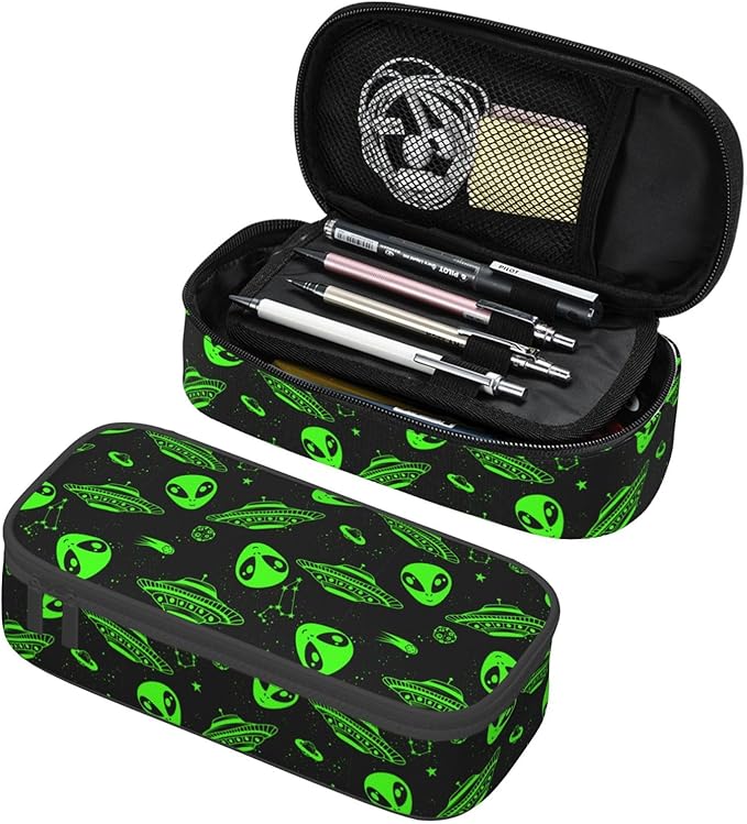 Green Ufo Alien Star Large Pencil Case With Zipper Compartments Stationery Pencil Bag For Kids Teens Students School Supplies