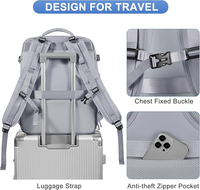 Grey Travel Backpack - Carry On Flight Approved Mochila De Viaje Personal Item - Large Backpack for Men & Women - 18x14x8 Inches
