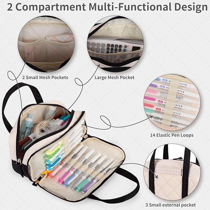 2 Compartment Pencil Case For Girls,Zipper Pencil Bag With Handle, Large Capacity quilting Pencil Pouch Organizer Aesthetic, Womens Soft Pencil Box Marker Pouch For Middle School Office College