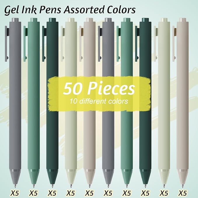 Crtiin 50 Pcs Gel Ink Pens Bulk Black Ink, Smooth Writing Cute Colorful Pens for Back to School First Day of School Teacher Student Server Office Supplies Staff Party Favor Gifts (Green Series)