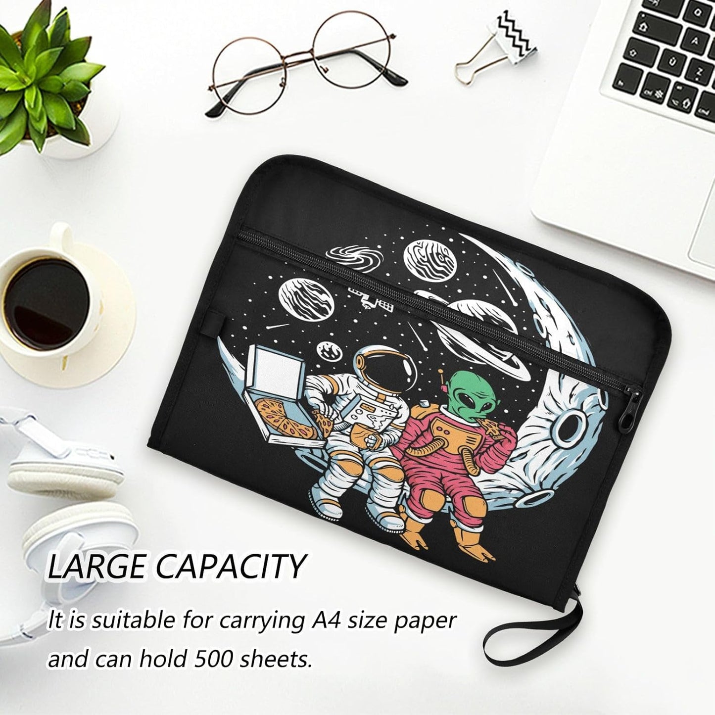 Gredecor 13 Pockets File Folder Organizer A4/Letter Water Resistant Astronauts and Aliens Moon Document Bag with Zipper Filing Folder Expanding File Pouch Storage for School Office