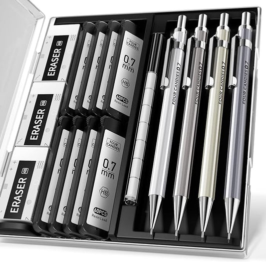 Four Candies 0.7mm Mechanical Pencil Set with Case - 4PCS Metal Mechanical Pencils, 8 Tubes HB #2 Lead Refills, 3PCS 4B Erasers and 9PCS Eraser Refills, Lead Mechanical Pencils for Writing & Drawing