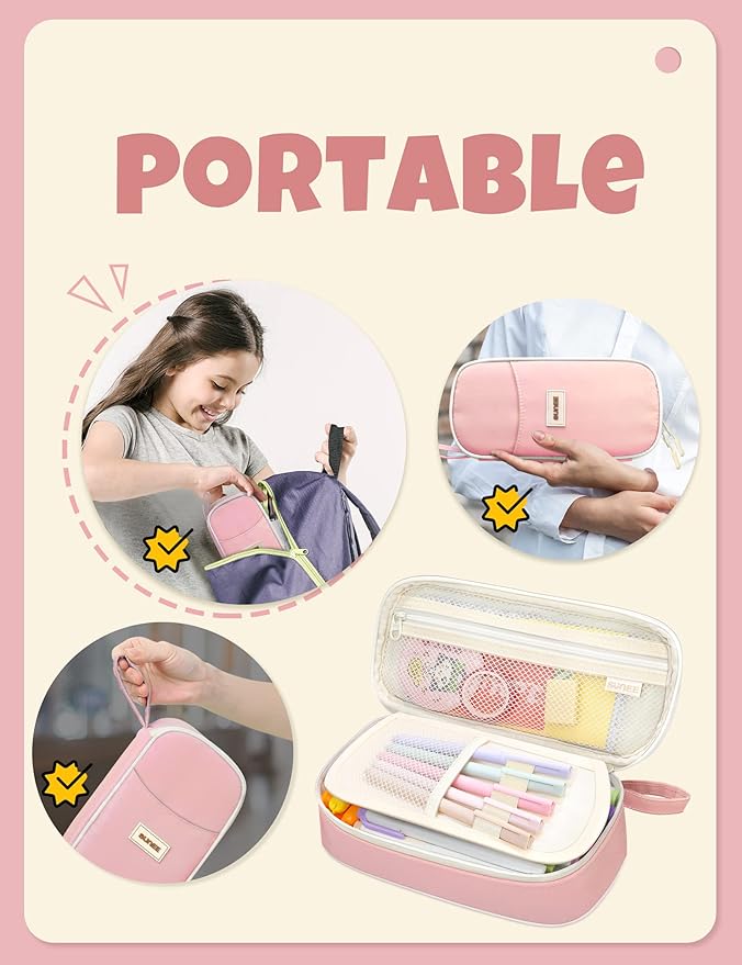 SUNEE Cute Pencil Case, Aesthetic Pen Pouch, Colored Large Pencil Bag with Zipper, Kawaii Stationery Storage and Organizer, Pink School Supplies for Teen and Adult Girls