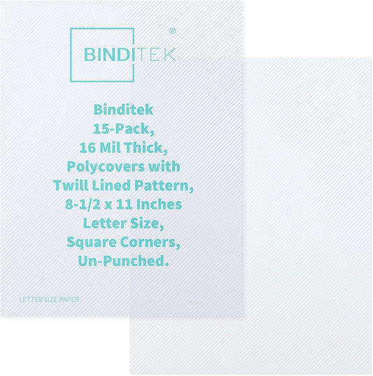 Binditek 15 Pack 16 Mil Heavyweight Binding Presentation Covers, Polycovers with Lined Pattern, 8-1/2 x 11",Letter Size, Square Corners, Un-Punched, Office Supplies