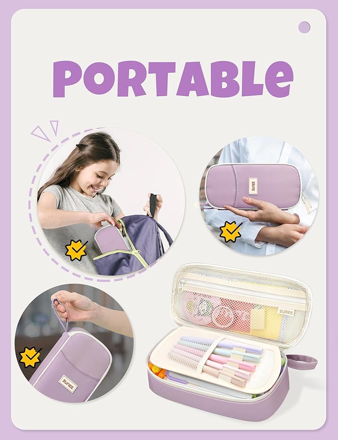 SUNEE Cute Pencil Case, Aesthetic Pen Pouch, Colored Large Pencil Bag with Zipper, Kawaii Stationery Storage and Organizer, Purple School Supplies for Teen and Adult Girls