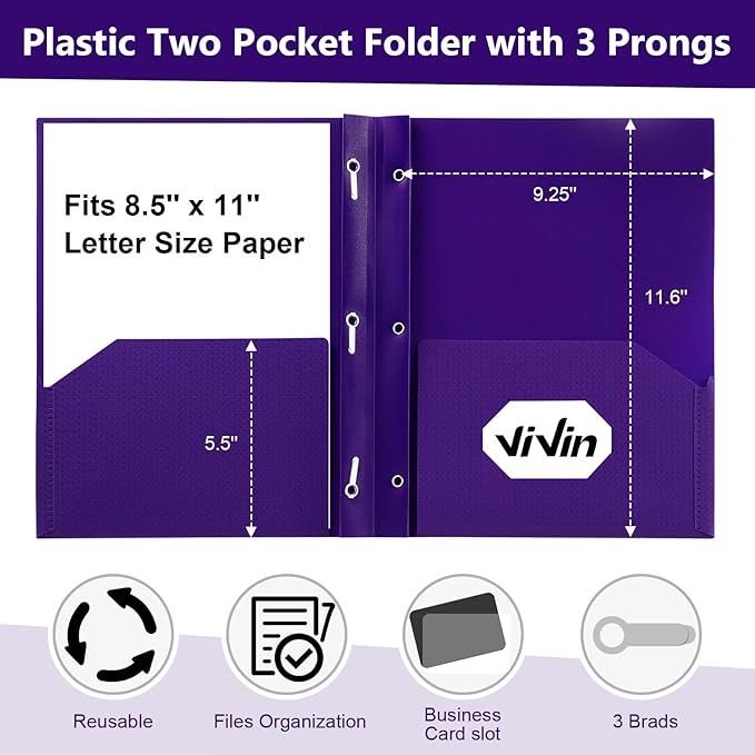 ViVin Sturdy Plastic Folder with Pockets, 10 Pack, 2 Pocket Folders with Prongs, Fits Letter Size Paper, 3 Prong Folders with Pockets, for School Office and Home - Purple