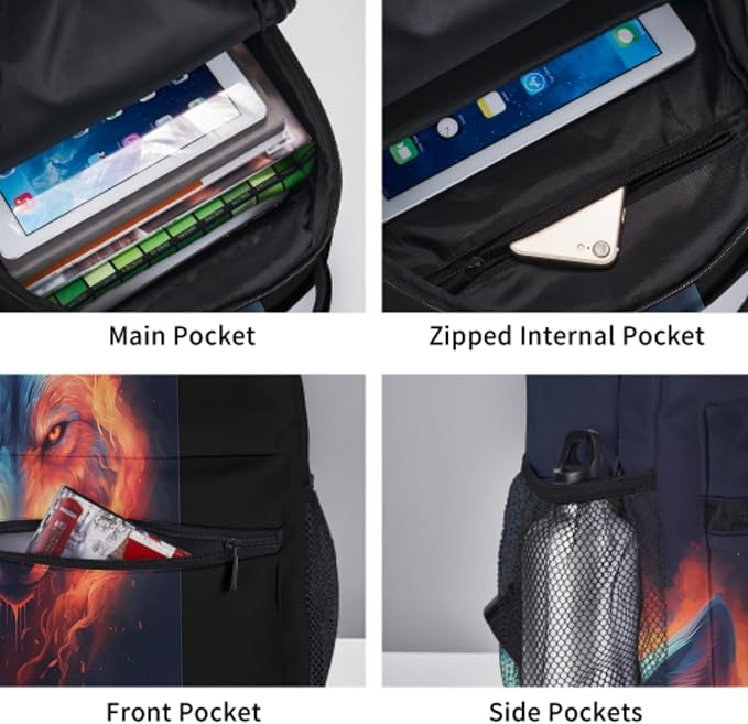 Giwawa Wolf Backpack for School, Blue Red Fire Wolf Animal Lightweight Sports Bookbags Shoulder Pack Laptop Casual Daypack Travel Bag for Women Men Boys Girls Teens Students