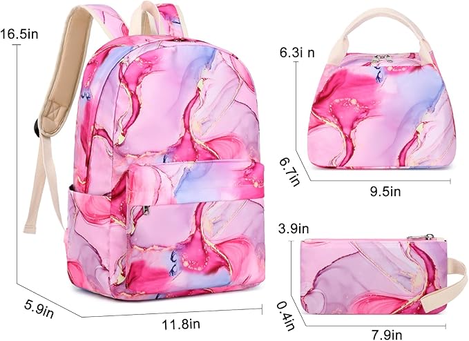 Teen Girls School Backpack Kids Bookbag Set with Lunch Box Pencil Case Travel Laptop Backpack Casual Daypacks, Large, Pink-marble