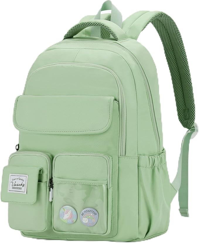 VASCHY Backpack for Girls, Cute School Bag Bookbag for Elementary Middle Schooler Teen Girls/Kids Travel with Clear Pin Pouch Green