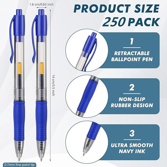 Jetec 250 Pcs Premium Gel Roller Pens Bulk, Fine Point 0.7 mm, Retractable Gel Ink Roller Ball Pens for Writing Journaling Taking Notes Office (Blue)